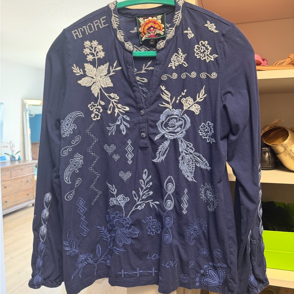 Johnny Was Laura Bishop-Sleeve Henley Top